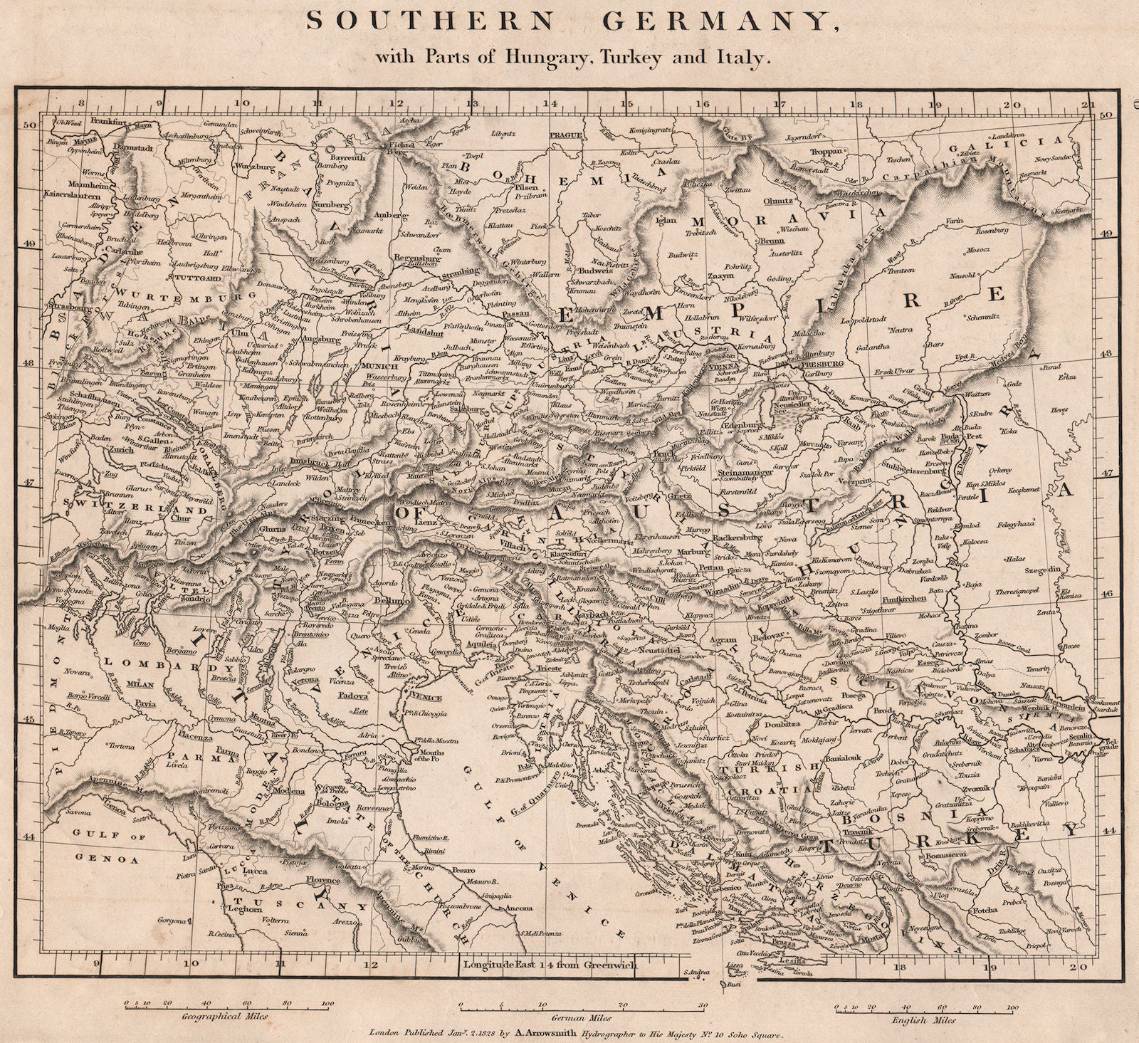 CENT. EUROPE. Southern Germany. Parts Hungary Turkey Italy. ARROWSMITH 1828 map